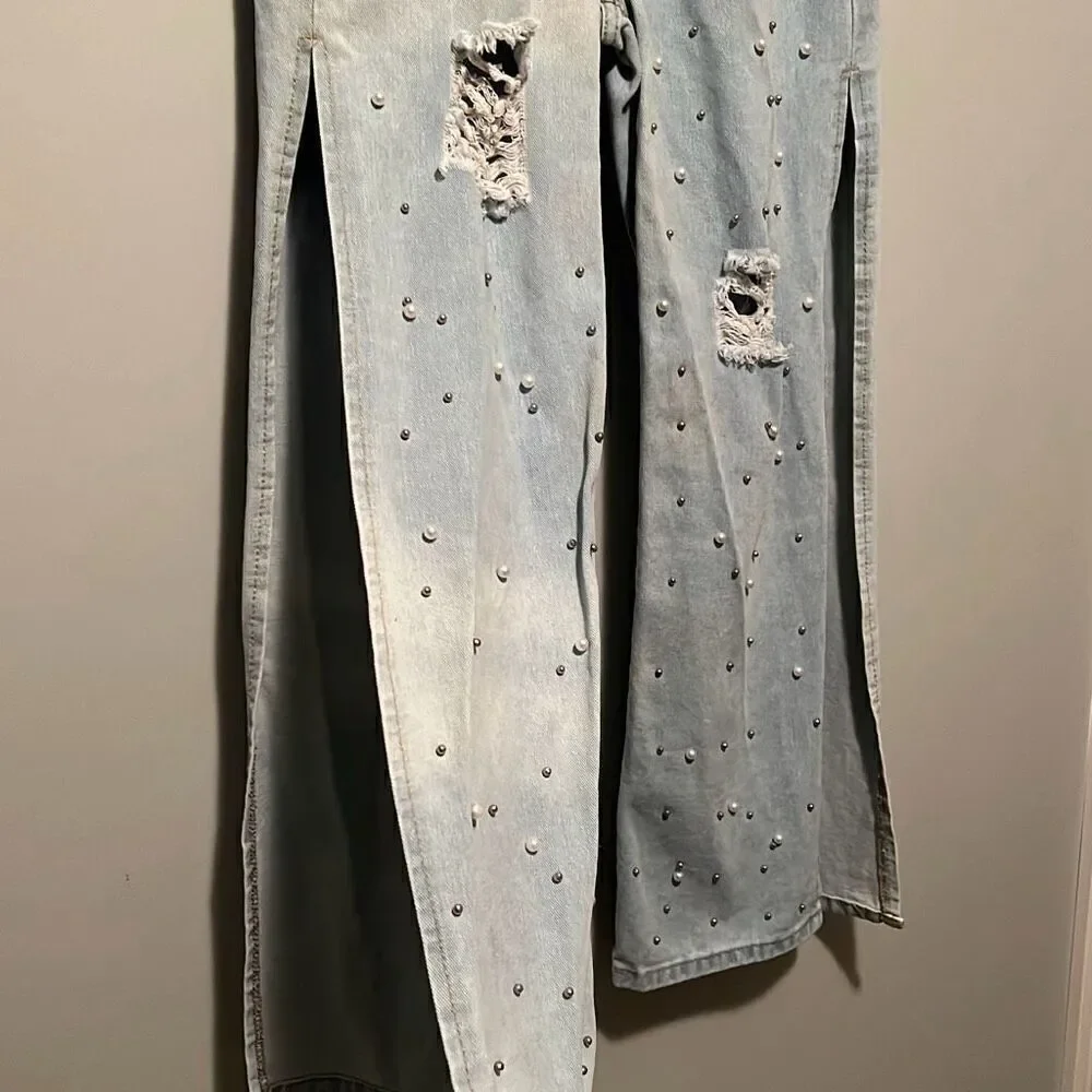 Women's Light Blue Ripped Embellished Side Slit Straight Wide Leg Jeans - Picture 8 of 10